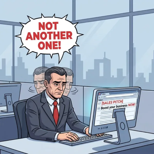 Frustrated businessman overwhelmed by generic automated sales pitch messages on his computer