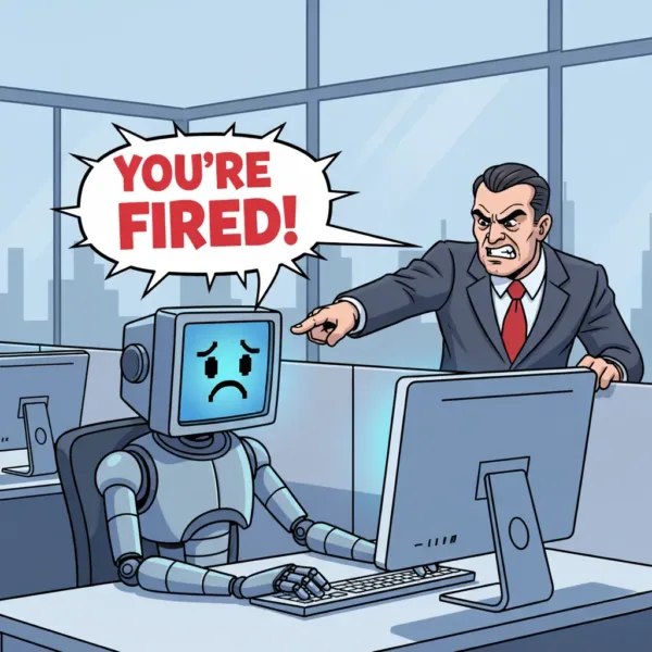 Cartoon robot being fired from a sales job representing poor AI and automated outreach on LinkedIn